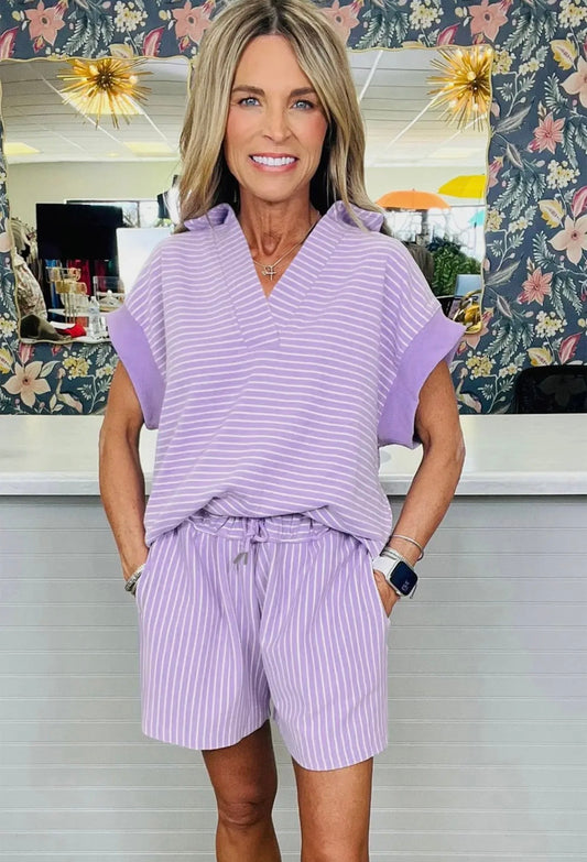 Purple Stripe Shorts Set