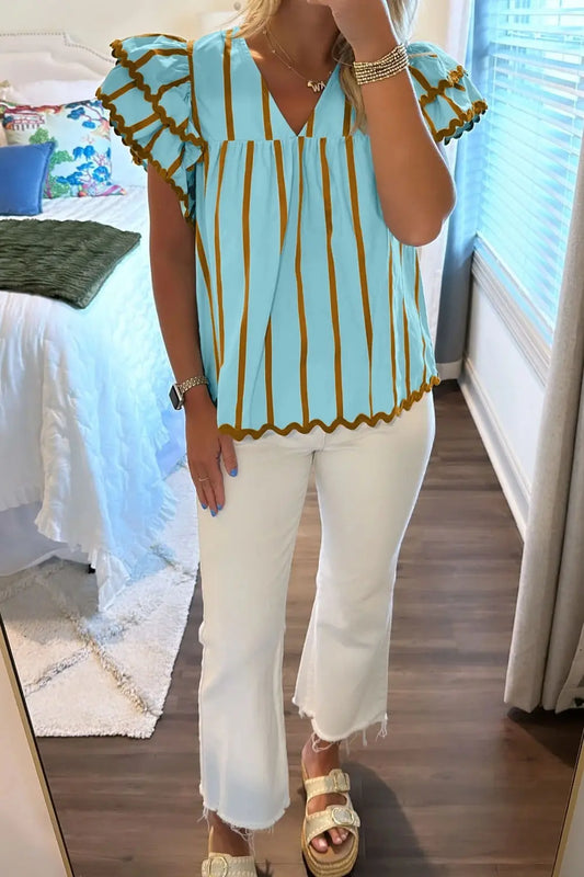 Stripe Ric Rac Sleeveless Flutter Sleeve Top