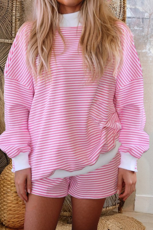 Striped Mock Neck Two Piece Shorts Set Preorder